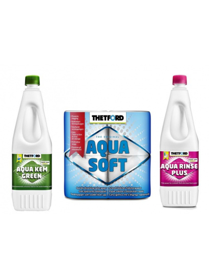 Zestaw płynów Aqua Kem Green 1.5L + Aqua Rinse Plus 1.5L + Papier toaletowy Aqua Soft 4 Thetford